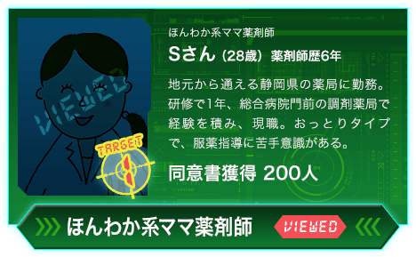 ほんわか系ママ薬剤師 Sさん（28歳）薬剤師歴6年 地元から通える静岡県の薬局に勤務。研修で1年、総合病院門前の調剤薬局で経験を積み、現職。おっとりタイプで、服薬指導に苦手意識がある。同意書獲得 200人