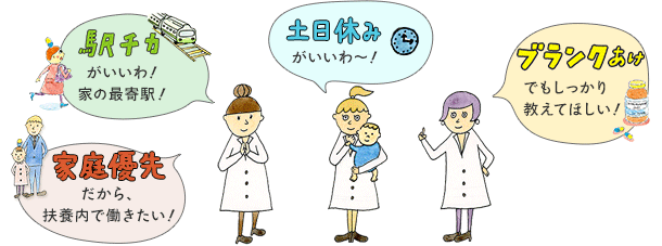 駅チカがいいわ！家の最寄駅！　家庭優先だから、扶養内で働きたい！　土日休みがいいわ～！　ブランクあけでもしっかり教えてほしい！