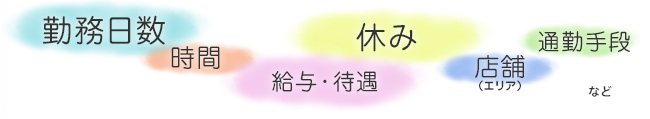 勤務日数　時間　給与・待遇　休み　店舗（エリア）　通勤手段　など