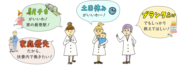 駅チカがいいわ！家の最寄駅！　家庭優先だから、扶養内で働きたい！　土日休みがいいわ～！　ブランクあけでもしっかり教えてほしい！