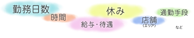 勤務日数　時間　給与・待遇　休み　店舗（エリア）　通勤手段　など